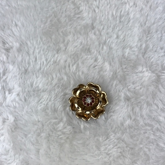 Vtg Coro Gold Tone Flower Pin Red Rhinestone Small - Picture 12 of 12